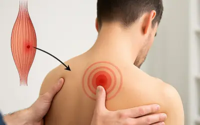 Un point douloureux sur l'épaule d'un homme, illustrant un trigger point musculaire.