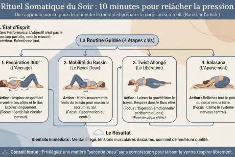 Routine de yoga pour relâcher la pression : 4 exercices guidés incluant respiration, mobilité du bassin, torsion et posture de l'enfant.