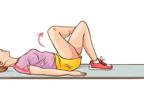 Femme effectuant un étirement piriforme sur un tapis, genoux pliés, pieds au sol. Une flèche rouge indique le mouvement.