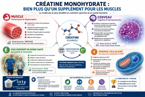 La créatine, une molécule aux multiples bienfaits, sert à améliorer la force musculaire, la cognition et l'énergie cellulaire.