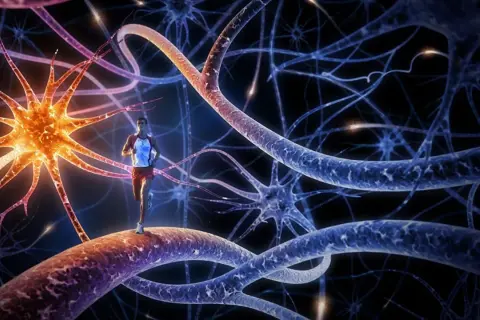 Un coureur stimule son cerveau, libérant des endorphines. Le sport, une connexion neuronale vibrante.