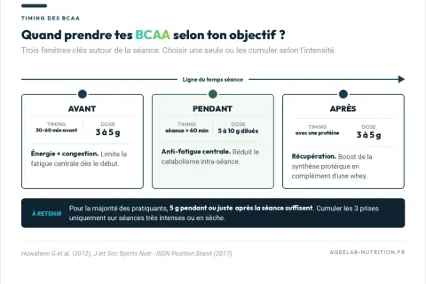 Quand prendre tes BCAA ? Avant, pendant ou après ta séance pour l'énergie, l'anti-fatigue ou la récupération.