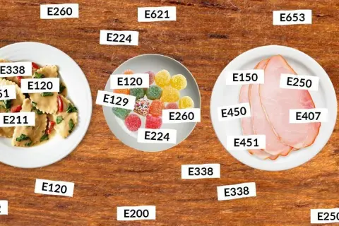 Assortiment de bonbons colorés, raviolis et tranches de jambon, étiquetés avec des codes E, dont certains peuvent être un faux sucre nom.