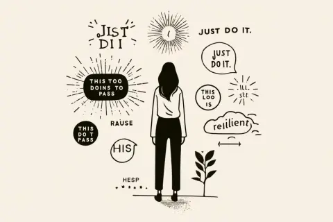 Une femme face à des pensées inspirantes : "Just do it", "This too doins to pass", "resilient". Un mantra positif travail pour avancer.