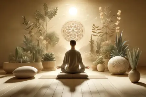 Personne en posture de lotus, entourée de plantes, méditant avec un mantra. Lumière douce, ambiance sereine.