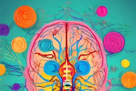 Cerveau coloré avec des vaisseaux sanguins et des cercles vibrants, symbolisant la manière de réguler son système nerveux.