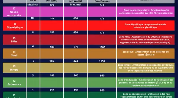 Tableau comparant les zones d'entraînement pour la course à pied : RPE, FC, puissance, dépense énergétique et adaptations. La fréquence cardiaque course varie selon l'intensité.