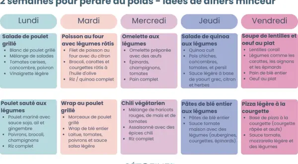 Exemple de régime pour maigrir : dîners variés pour 2 semaines. Salade de poulet, poisson, omelette, quinoa, soupe de lentilles, poulet sauté, wrap, chili, pâtes, pizza courgette.