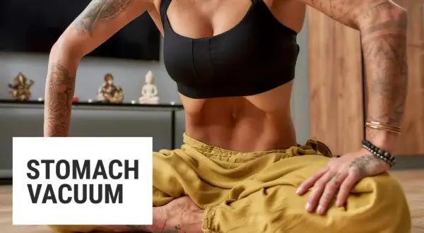 Femme pratiquant le stomach vacuum, une technique de respiration profonde pour sculpter les abdominaux.