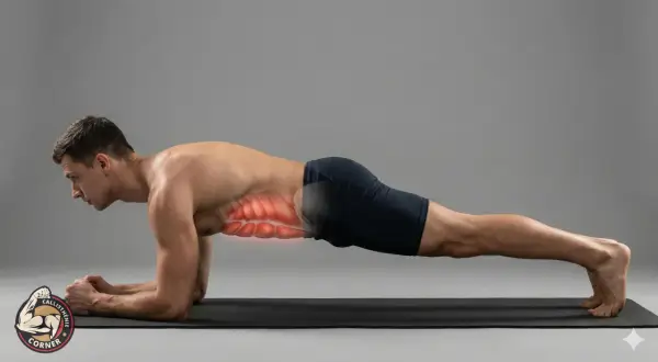 Un homme réalise un gainage latéral, muscles abdominaux mis en évidence, sur un tapis de fitness.