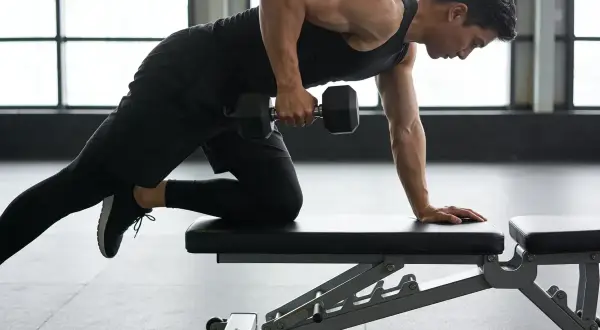 Homme en tenue de sport noir effectuant un rowing haltère sur un banc de musculation, bras tendu, concentré.