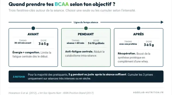 Quand prendre tes BCAA ? Avant, pendant ou après ta séance pour l'énergie, l'anti-fatigue ou la récupération.