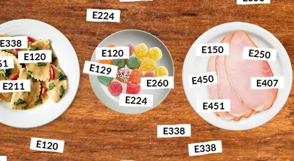 Assortiment de bonbons colorés, raviolis et tranches de jambon, étiquetés avec des codes E, dont certains peuvent être un faux sucre nom.