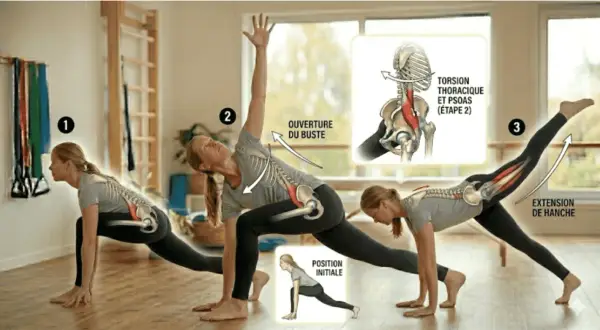 Séquence de yoga pour l'étirement psoas, montrant la torsion du buste et l'extension de hanche.