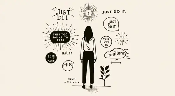 Une femme face à des pensées inspirantes : "Just do it", "This too doins to pass", "resilient". Un mantra positif travail pour avancer.