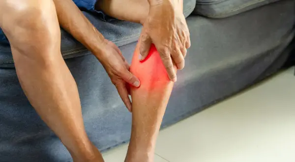 Une personne se tient la jambe, montrant une zone rouge vif indiquant un claquage musculaire douloureux au mollet.