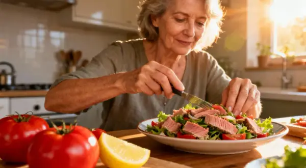 Une femme âgée savoure une salade de thon, un repas sain pour gérer le cholestérol.