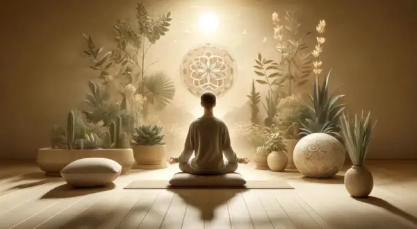 Personne en posture de lotus, entourée de plantes, méditant avec un mantra. Lumière douce, ambiance sereine.