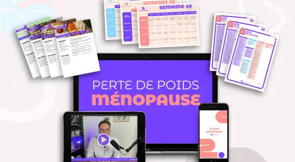 Plans de repas et listes de courses pour comment perdre du poids à la ménopause. Vidéo explicative sur tablette et smartphone.