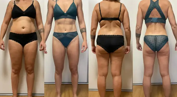 Avant/après : une femme en lingerie noire puis en lingerie verte. Elle a visiblement réussi à perdre 10 kg.