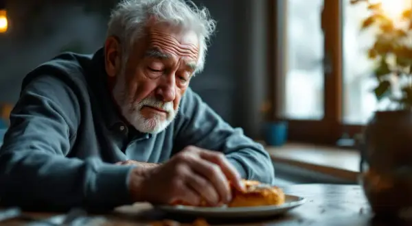 Un homme âgé, l'air soucieux, regarde une part de gâteau. Il se demande : "J'ai mangé trop de sucre, que faire ?