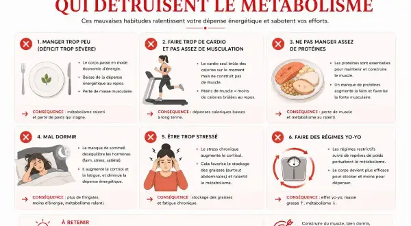 Erreurs à éviter pour ne pas ralentir votre métabolisme : manger trop peu, trop de cardio, pas assez de protéines, mal dormir, stress, régimes yo-yo.