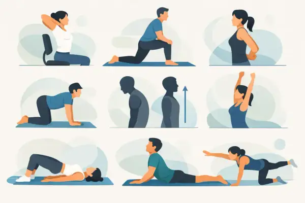 Illustrations montrant des exercices pour apprendre comment se tenir droit : étirements, posture, gainage.